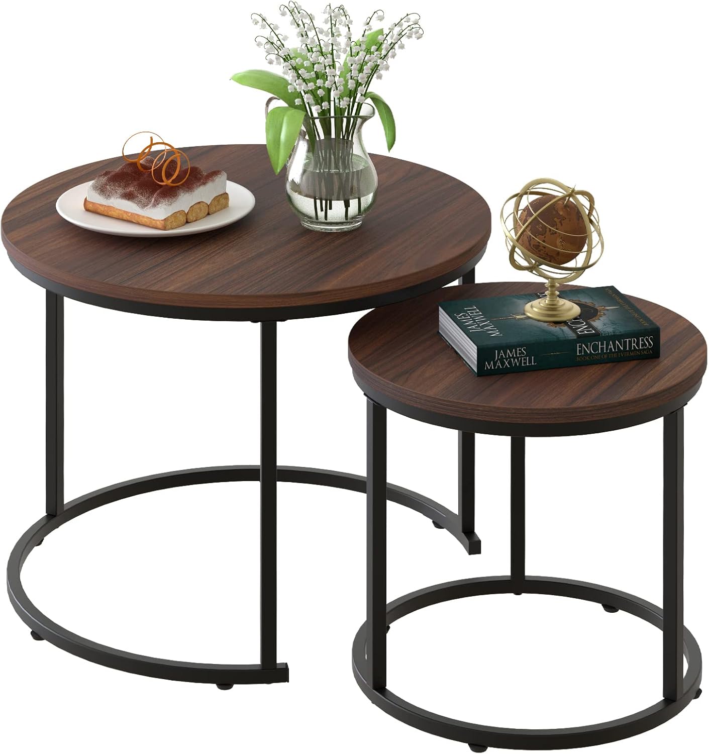 aboxoo Coffee Table Nesting Side Round Set of 2 End Table Top Sturdy Metal Frame Desk Centerpiece Living Room Bedroom Apartment Modern Industrial Simple Nightstand