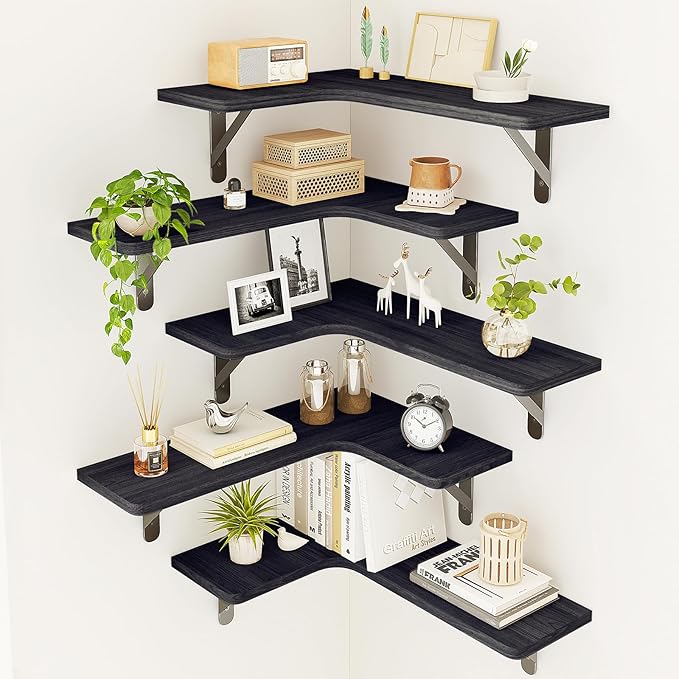 Fixwal Floating Shelves for Wall, Rustic Wood Wall Mounted Corner Shelf for Bathroom, Kitchen, Bedroom, Home Decor, Laundry Room, Living Room, Set of 5 (Black)