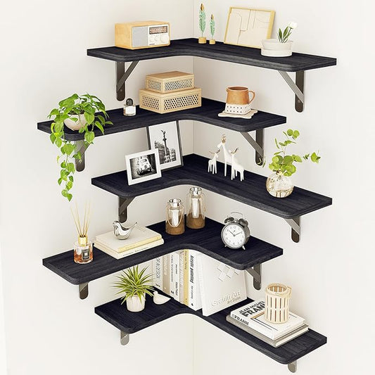 Fixwal Floating Shelves for Wall, Rustic Wood Wall Mounted Corner Shelf for Bathroom, Kitchen, Bedroom, Home Decor, Laundry Room, Living Room, Set of 5 (Black)