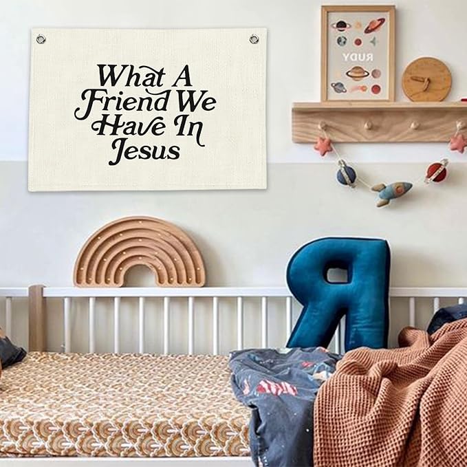 RTXLEZM Kids Room Decor, What a Friend We Have in Jesus Christian Canvas Banner Wall Hanging, Minimalist Bible Verse Wall Art Prints for for Classroom, Playroom，Nursery, Kids Room, 20x30 Inch