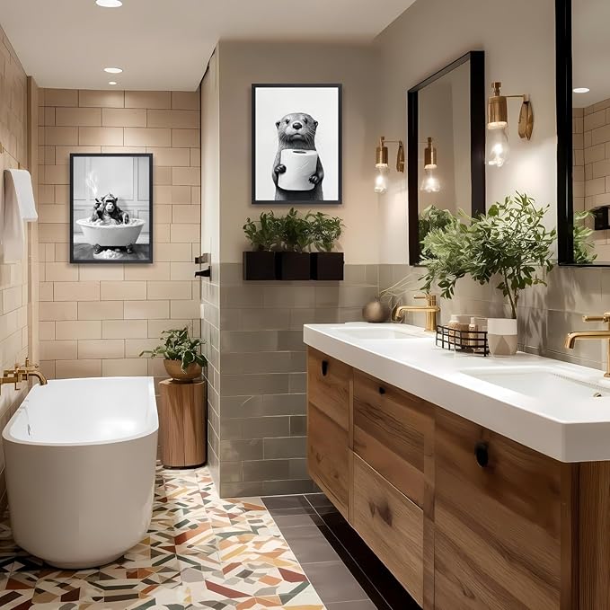 IAFWZX Wood Framed Funny Bathroom Wall Art, Black and White Chimpanzee in Bathtub Wall Decor, Cute Animal Wrapped Canvas Painting, Humor Gorilla Toilet Poster Print for Restroom Guest Bedroom 12"x16"