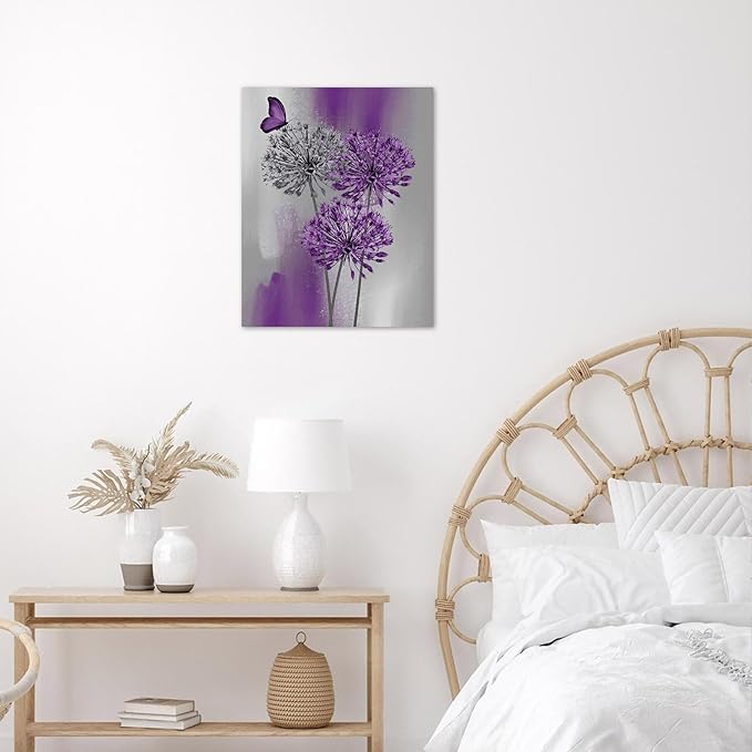 LB Purple Dandelion Wall Art Purple and Grey Floral with Butterfly Canvas Wall Art Modern Abstract Wall Art Decor for Living Room Bedroom Bathroom Office Framed Ready to Hang 10L x 8W