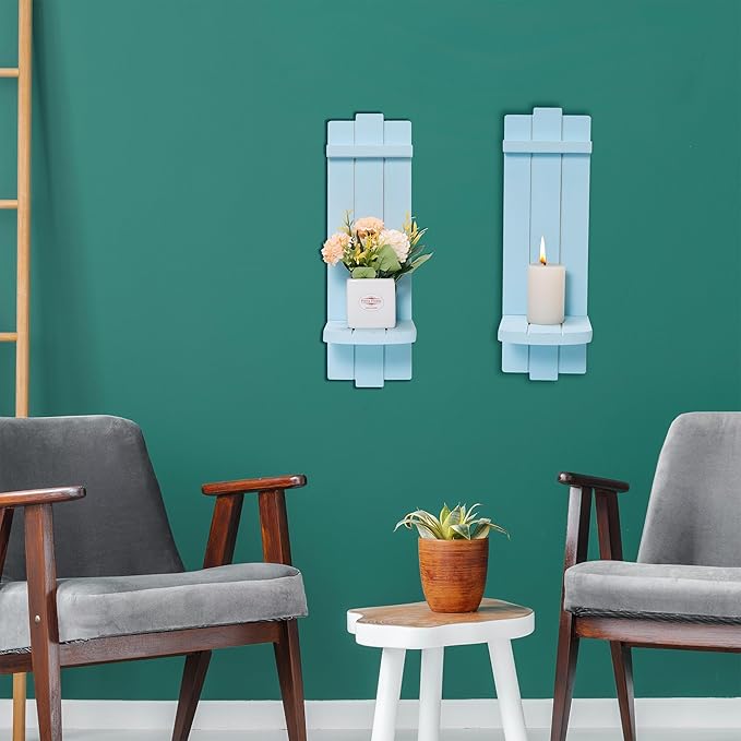 Sconces Wall Decor Set of 2, Wall Candle Holder Rustic Home Decor, Farmhouse Art Floating Candle Sconces Shelf Blue Wall Decorations for Living Room, Dining Room, Bedroom, Bathroom