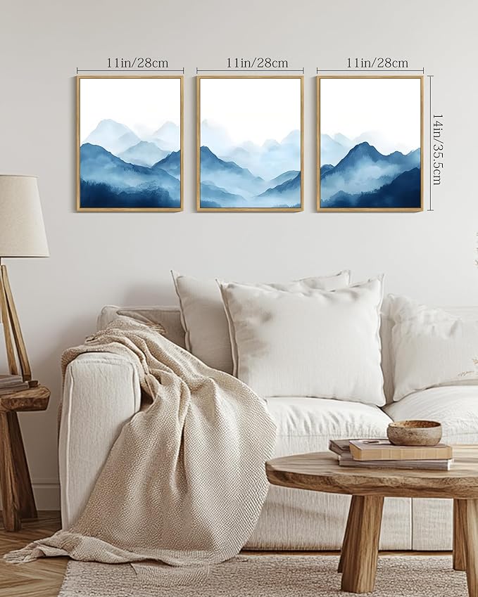 Drsoum Blue Fog Mountains Landscape Wall Art Framed Vintage Nature Misty Nordic Prints Ink Wash Watercolor Boho Farmhouse Rustic Artwork Hallway Bedroom Ready to Hang 11x14in Natural Framed