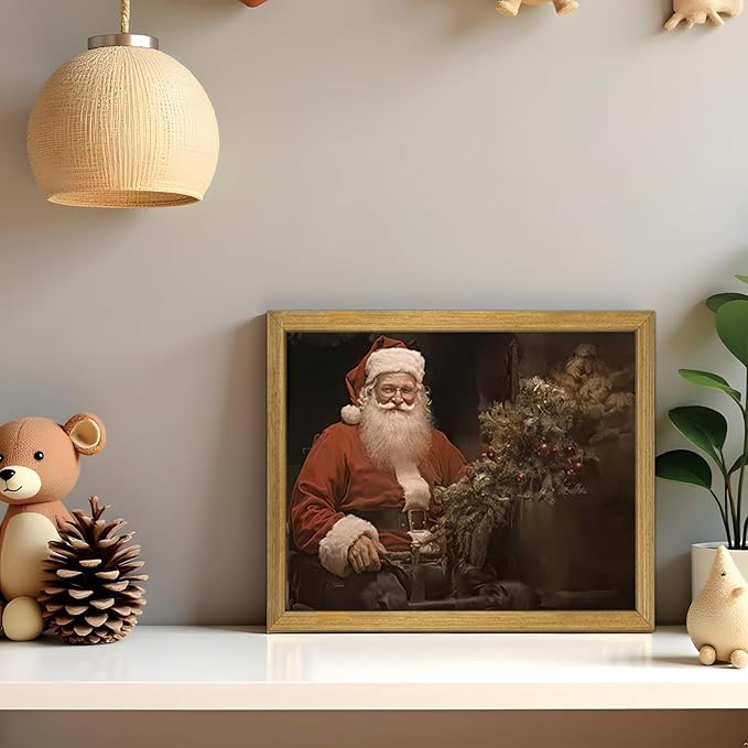 Christmas Wall Art Pictures, Vintage Christmas Wall Decor Prints, Vintage Santa Portrait Canvas Print Posters, Farmhouse Santa Pictures for Wall Framed 8x10 Inch