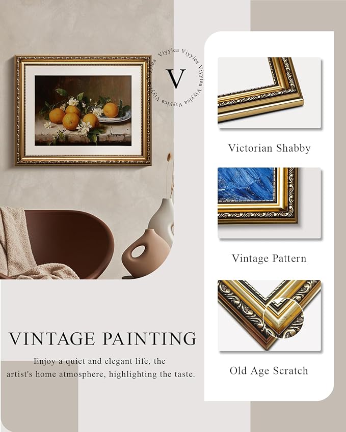 VIYYIEA Gold Framed Vintage Still Life Orange Fruit Canvas Wall Art, Elegant Rustic Kitchen Decor | Zero-Glare No Glass Design, Lightweight, Textured Feel, Easy Hanging | 13x16 Inch