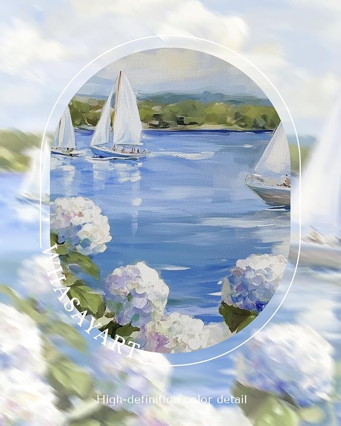 Vintage Blue Hydrangea Sailboat Framed Canvas Wall Art, 12x16 Summer Lake House Coastal Decor, Nautical Floral Landscape Painting Artwork for Living Room Bedroom Office Cottage Beach House