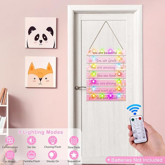 FIOBEE Girls Room Décor for Teen Girls Boys with LED Light Wall Decor for Bedroom Motivational Inspirational Wall Art Girl Room Decoration for Kids Studyroom, 8 Kinds of Lights, Pink Princess