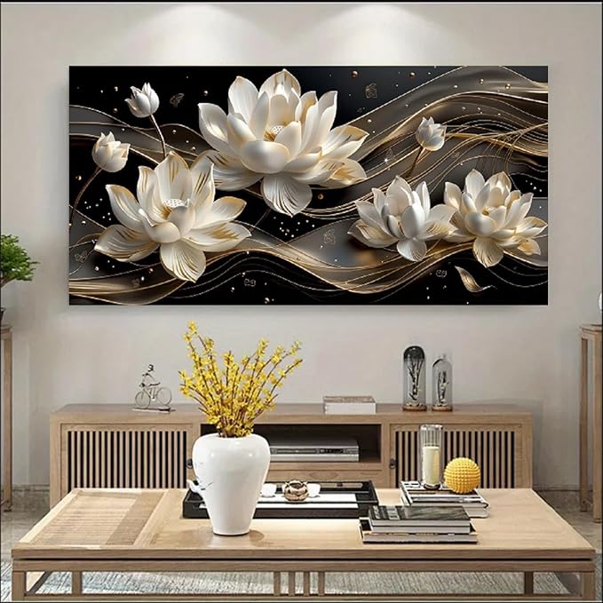 Bamdeya Abstract Wall Art Living Room Large Canvas Pictures White Flower Wall Art Petals Poster Browm Artwork for Walls Bedroom Wall Decor Modern Framed Bathroom Office Home Decorations
