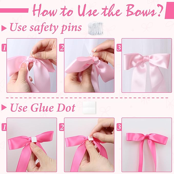 40Pcs Pink Bow Wall Decor, DIY Bow Photo Backdrop, Ribbon Bows Garland, Pink Bows Party Decor for Women Girls Birthday, Baby Shower, Bachelorette Wedding Party, Room Bedroom Decor