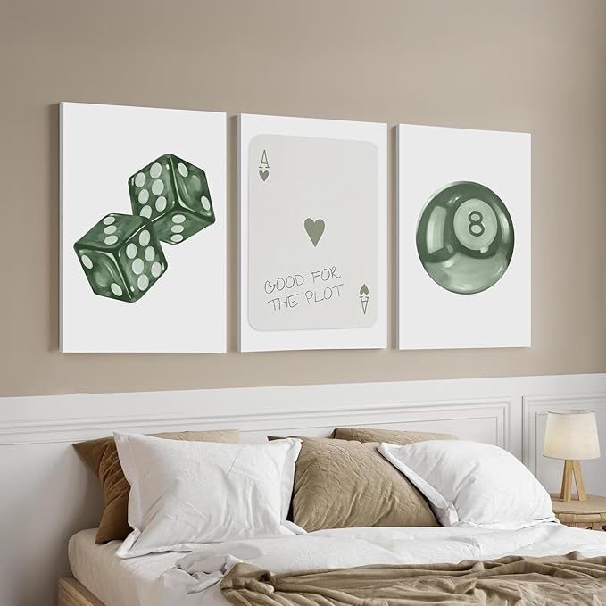 BOKPEN Green Poker Dice Canvas Wall Art Funky Y2K Trendy Preppy Pictures Lucky 8 Ball Poster Sage Prints Artwork Painting for Game Room Apartment Dorm Aesthetic Decoration 16x24in canvas