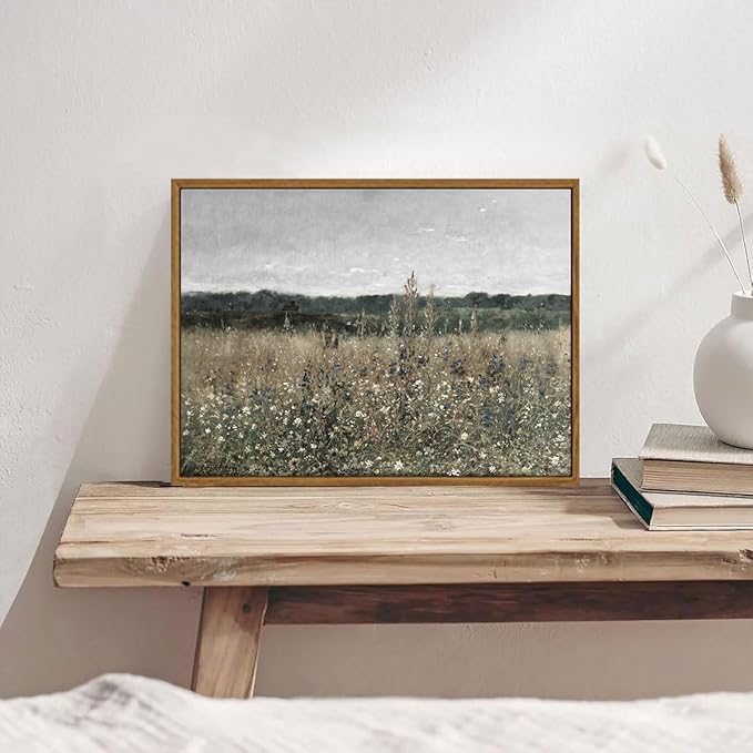 OIQArtOIQ Vintage Framed Wall Art Wildflower Field Meadow Canvas Art Prints Rustic Farmhouse Landscape Pictures Wall Decor Modern Cottagecore Paintings Artwork For Bedroom Bathroom Office Living Room