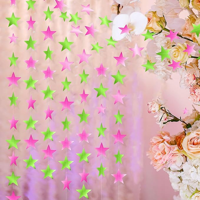 Patelai Glitter Star Garland Banner 2026 Graduation Decor 130 Feet Star Hanging Banner Twinkle Backdrop for Party Birthday Classroom Wedding Supplies(Pink,Green)