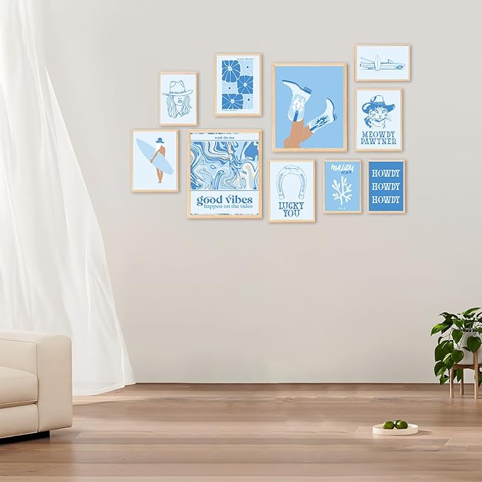 Aroutde 10Pcs Coastal Cowgirl Canvas Wall Art Print Light Blue Beachy Surfer Girl Posters Preppy Aesthetic Granddaughter Room Decor for Teen Girl Bedroom Dorm Apartment Decoration (Unframed)