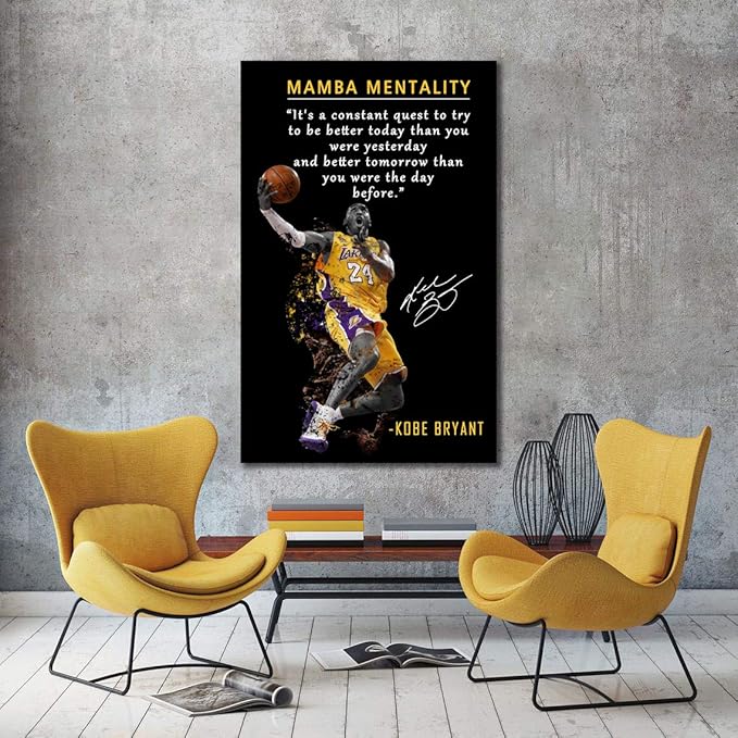 AMART SUN NBA Basketball Player Sports Home Decor • Kobe Bryant Mamba Mentality Quote Poster Inspirational Canvas Wall Art • Motivational Artwork for Home,Office,Gym Wall Decor Framed Ready to Hang