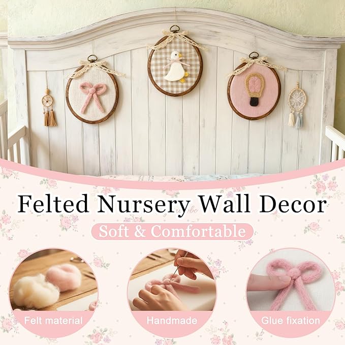 Soulchen 3 Pcs Felted Nursery Wall Decor with Goose Bow Hot Air Balloon 5 x 6 Inch Cute Animal Wall Art Vintage Decorative Artwork for Nursery Bathroom Living Room Baby Room Bedroom Farmhouse Decor