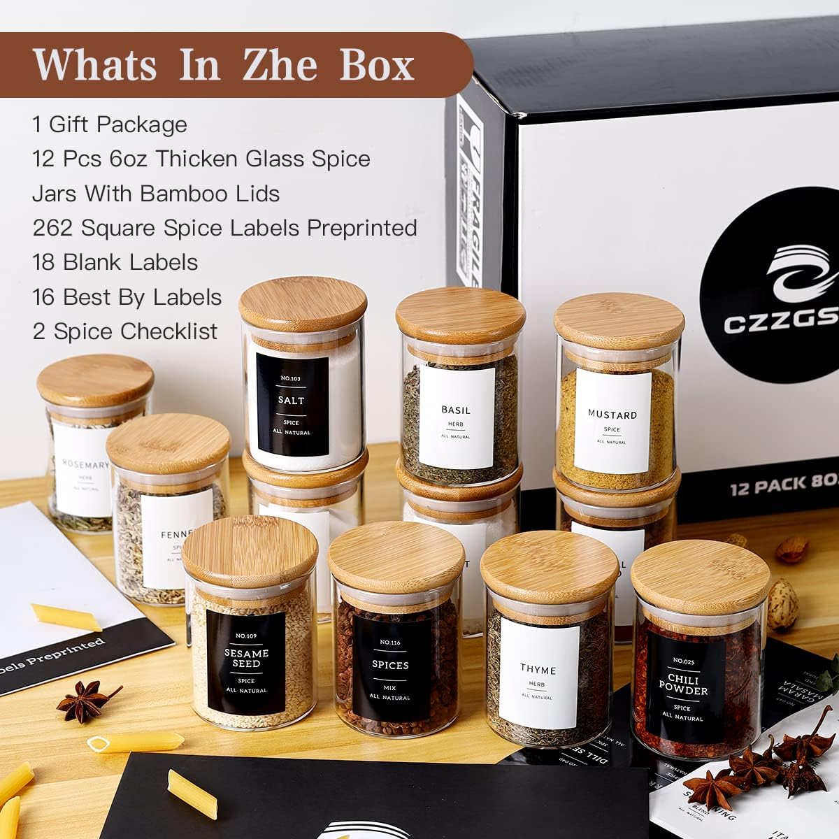 12 Pcs Glass Spice Jars With 296 Spice Labels Preprinted of White and Black Color- 6oz Thicken(2.4mm) Spice Containers With Bamboo Airtight Lids - Empty Small Herb Seasoning Jars