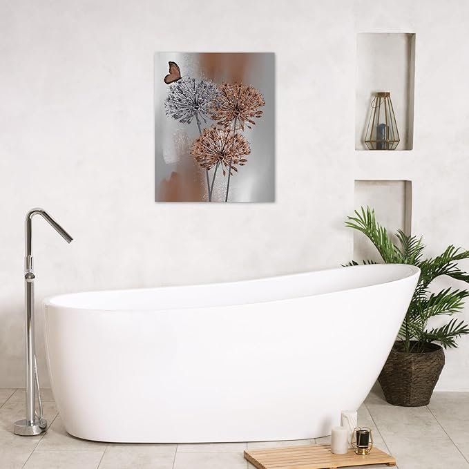 LB Vintage Abstract Dandelion Flower Wall Art Farmhouse Brown and Grey Floral Butterfly Canvas Wall Art Modern Minimalist Wall Decor for Bedroom Bathroom Living Room Framed Ready to Hang 10L x 8W