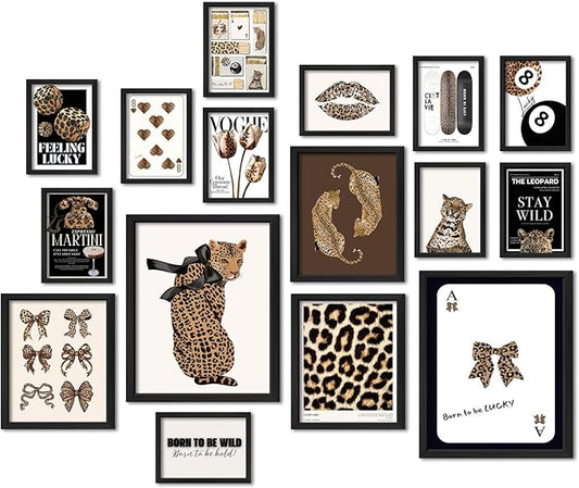 ANERZA 16 PCS Framed Leopard Wall Art Decor, Cheetah Wall Prints for Bedroom, Preppy Gallery Wall Frame Set, Trendy Posters for Living Room Aesthetic, Funky Collage Kit, Dorm Artwork