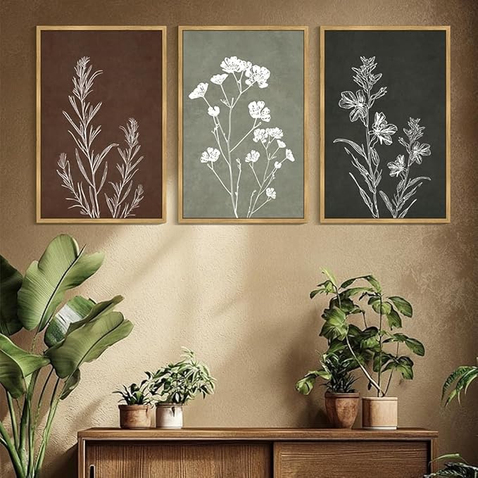 Drsoum Vintage Boho Flower Wall Art Framed Retro Botanical Floral Wall Prints Wildflower Neutral Rustic Bohemain Artwork Kitchen Bedroom Ready to Hang 24x36in Natural Framed