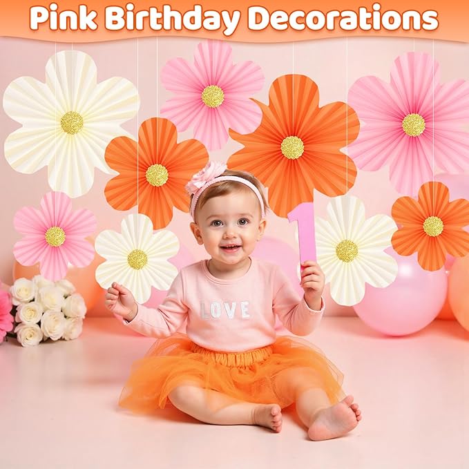 Pink and Orange Party Decorations Pink Paper Flowers Decorations for Wall 9pcs with 9 Gold Glitter Floral Centers Paper Fans Floral Backdrop Flower Wall Decor for Birthday Classroom Baby Shower, Guide