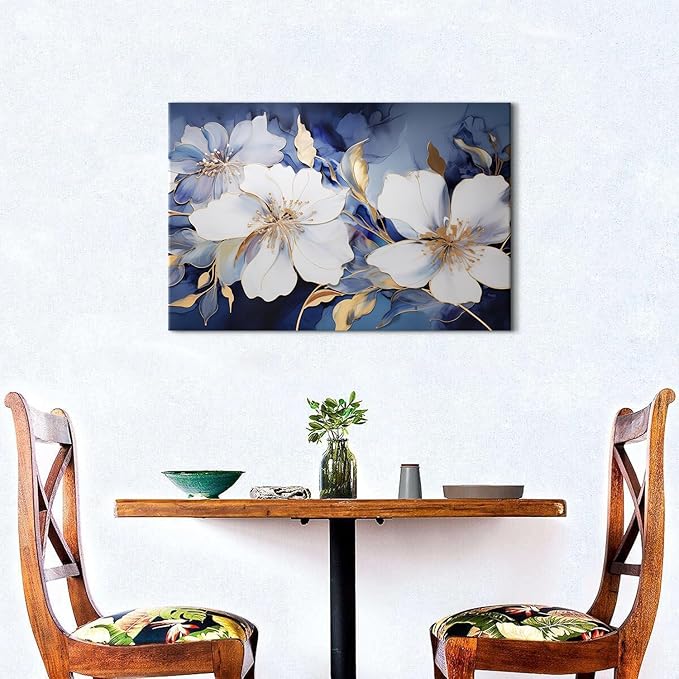 Abstract Flower Canvas Wall Art Blue and Gold Wall Decor Modern Marble Floral Picture Canvas Prints for Living Room Bedroom Watercolor Botanical Poster Painting Artwork Framed Home Decorations 16x24
