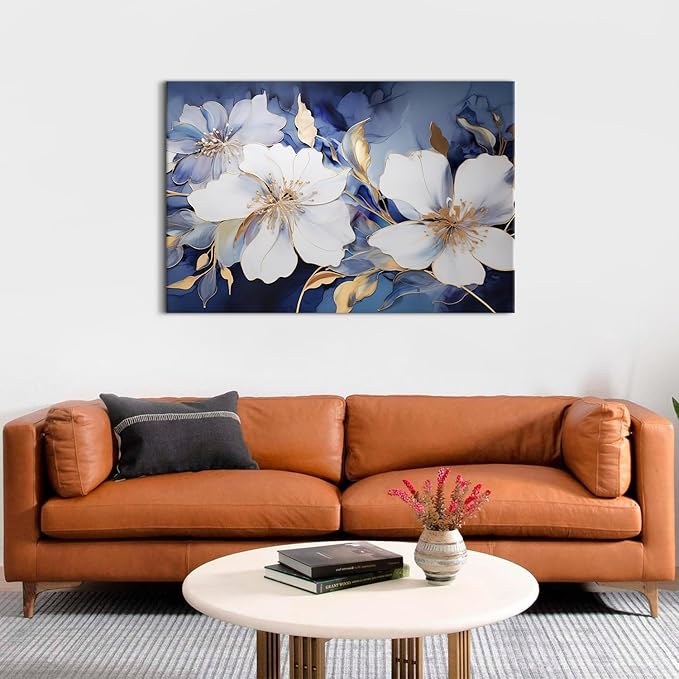 Abstract Floral Wall Art Marble Ink Painting Navy Blue and Gold Wall Decor Large Living Room Wall Art 32x48", Watercolor Blossom Floral Painting Poster Modern Frames Artwork Home Bedroom Decorations