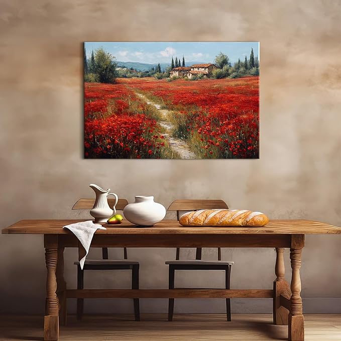 Farmhouse Flower Landscape Wall Art Red Poppy Flower Pictures for Bathroom Decor Vintage Floral Field Paintings Country Scenery Canvas Prints Artwork for Living Room Bedroom Home Decoration 32x48"