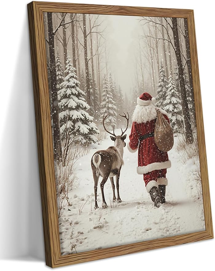 Framed Christmas Pictures Wall Decor, Santa Reindeer Winter Wall Art, Rustic Canvas Christmas Print, Winter Holidays Decor, Vintage Christmas Decorations Painting for Bedroom Living Room – 12x16in