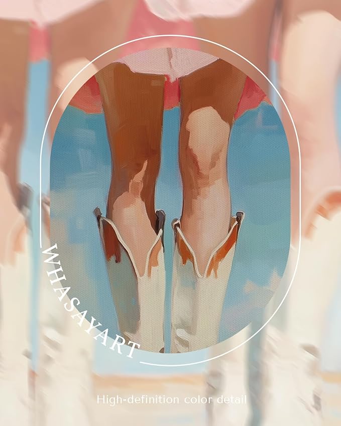 Western Cowgirl Boots Pink Dress Summer Painting Print, 12x16 Inch Framed Canvas Wall Art, Retro Country Style Artwork Living Room Bedroom Office Farmhouse Modern Home Decor