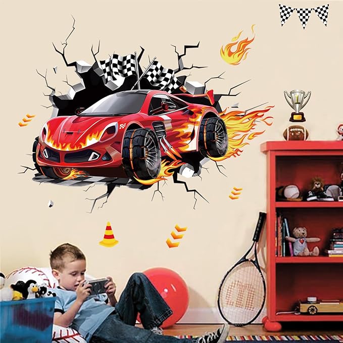 decalmile 3D Racing Cars Wall Decals Red Cars Flags Wall Stickers Baby Nursery Boys Bedroom Kids Room Wall Decor Gifts for Kids