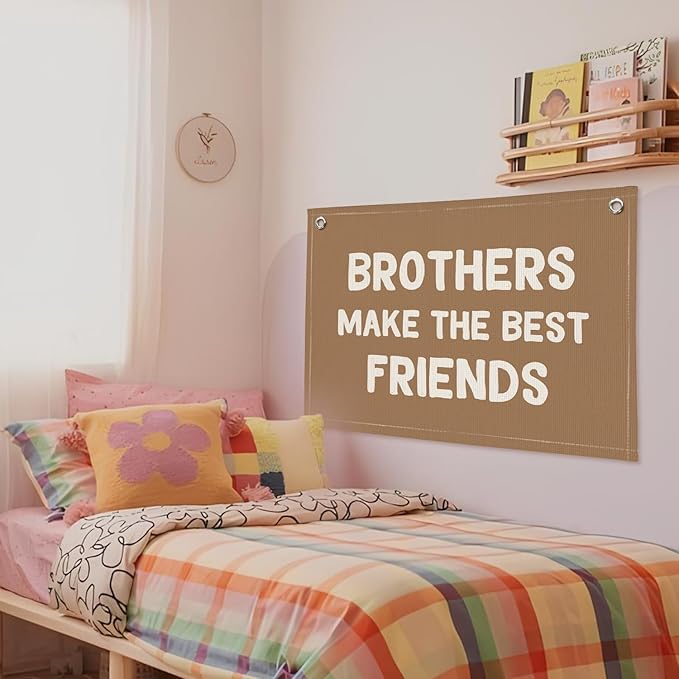 Brothers Make The Best Friends Banner, Boys Room Decor, Toddler Boy Linen Banner Wall Hanging Flag Decor for Nursery 20x30 - Beige