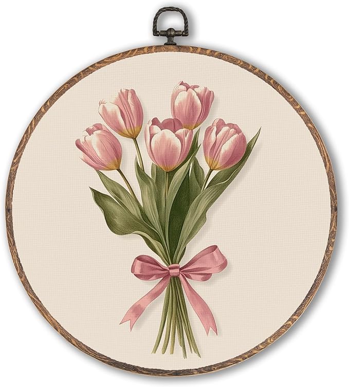 Pink Coquette Bow Tulip Bouquet Floral Round Wall Art Framed, Pink Floral Round Wall Decor, Vintage Flower Hanging Canvas Prints Wall Sculptures for Home Bedroom Living Room Decor, 10x10 Inch