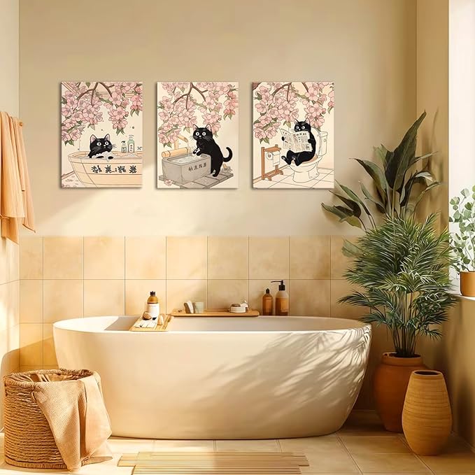 Funny Japanese Bathroom Wall Art Set of 3, Whimsical Black Cat Bathroom Wall Decor Painting Cute Japan Animal on Toilet Reading Poster Canvas Prints 16x24 inch Framed