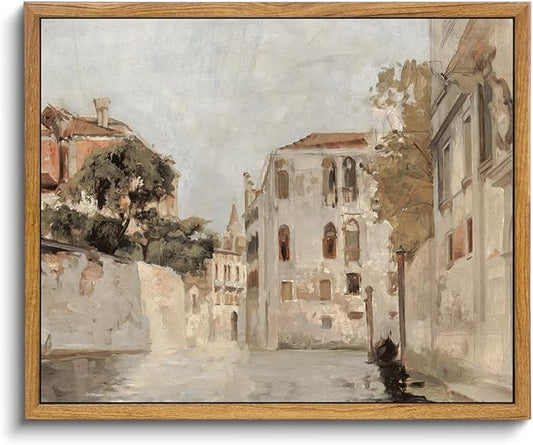 KBKBART Vintage Wall Art, Retro Neutral Italy Wall Art Framed Canvas Art Prints Venice Canva Painting Farmhouse Decor, Rustic Impressionism Scenic Landscape Wall Decor for Bathroom, Bedroom Living Room, Vintage Wall Decor(12"x16")