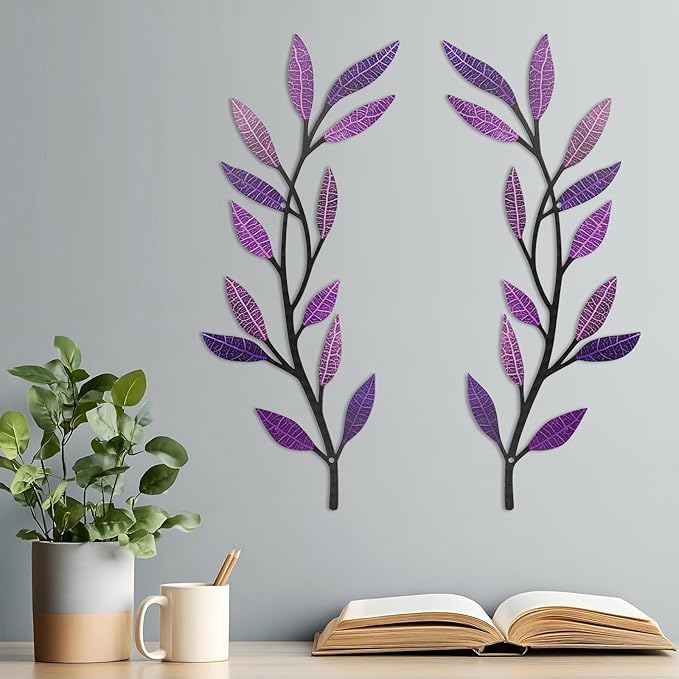 Metal Tree Leaf Wall Decor 2 PCS Rustic Vine Branch Leaf Wall Art for Living Room Bedroom Bathroom Decorations - Dazzling Purple