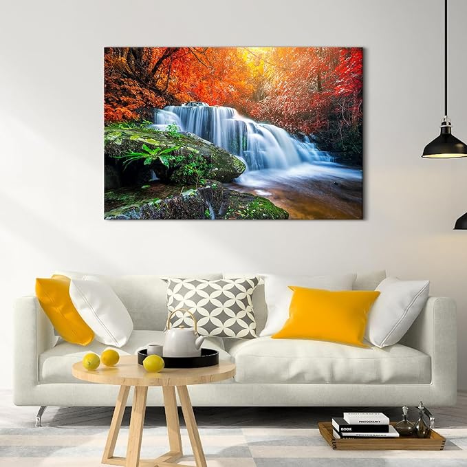 Autumn Red Forest Wall Art Nature Waterfall Wall Decor Forest River Landscape Pictures National Park Posters Rustic Trees Canvas Prints Painting Artwork for Bedroom Living Room Home Decoration 32x48"