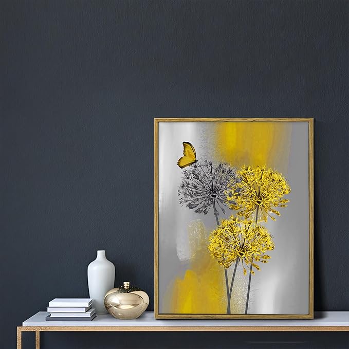 LB Yellow Dandelion Framed Wall Art with Butterfly - Modern Yellow Grey Canvas Wall Art for Home Contemporary Aesthetic Wall Decor for Home, Ready to Hang 17x12 Inch, Living Room Bedroom Bathroom Decor