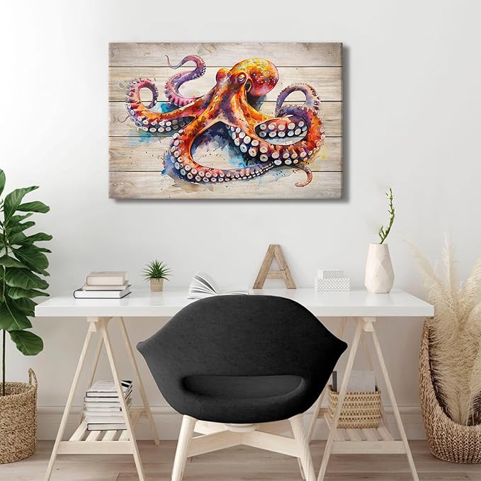 Octopus Wall Art Ocean Creature Wall Decor Modern Gallery Artwork Navy Underwater Marine Animal Canvas Prints Sea Life Paintings Framed for Kitchen Bedroom Living Room Home Decorations 24x36"