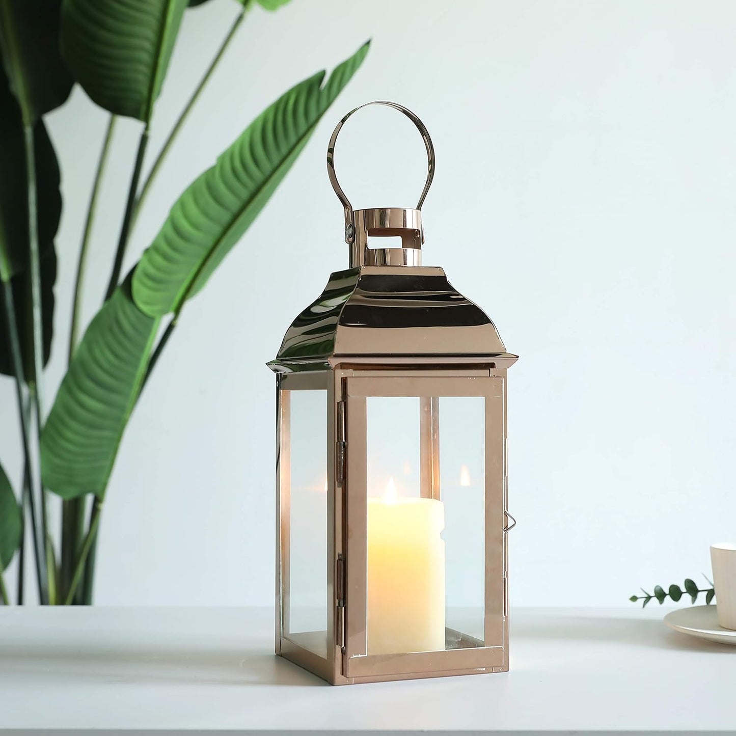 JHY DESIGN Decorative Candle Lanterns 15" High Stainless Steel Candle Lanterns with Tempered Glass for Indoor Outdoor Events Parities and Weddings Vintage Style Hanging Lamps(Rose Gold)