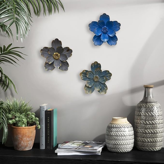 Metal Flower Wall Sculpture, 9.5" Rustic Modern Floral Artwork, Distressed 3D Layered Vintage Iron Flower Wall Hanging Accent for Indoor Kitchen, Bedroom Living Room Office Outdoor Garden Patio Decor (Retro blue)