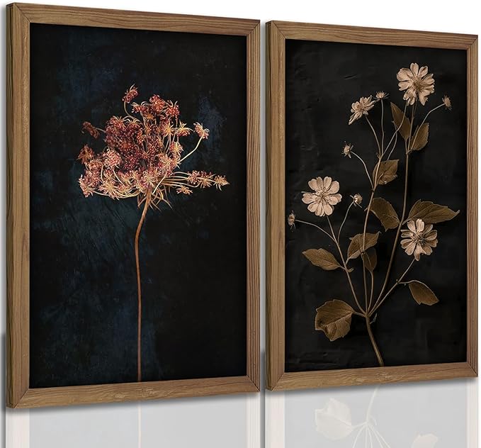 2Pcs Framed Vintage Wall Art Prints, Retro Moody Floral Botanical Canvas Painting Farmhouse Decor, Black Dark Flower Picture Poster for Bathroom, Bedroom, Living Room, Gallery 16X24In