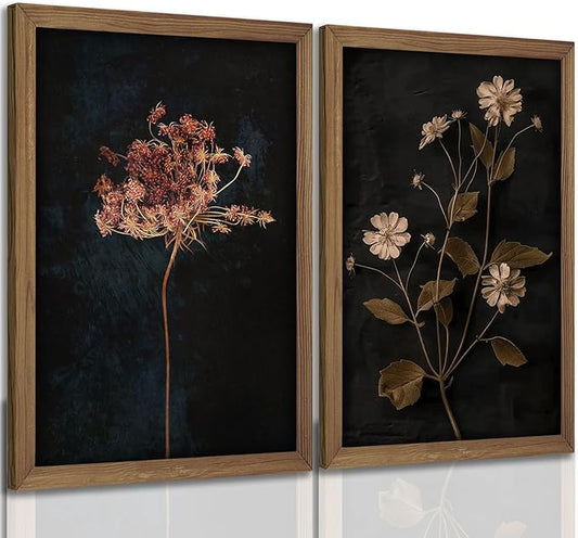2Pcs Framed Vintage Wall Art Prints, Retro Moody Floral Botanical Canvas Painting Farmhouse Decor, Black Dark Flower Picture Poster for Bathroom, Bedroom, Living Room, Gallery 16X24In