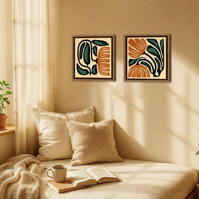 Mid Century Floral Wall Art Set of 2, Modern Square Abstract Botanical Wall Decor Picture, Vintage Boho Eclectic Plant Canvas Prints Paintings for Bedroom Living Room 24x24 inch Wood Framed
