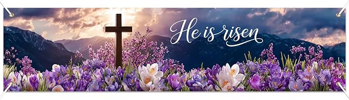 He Is Risen Easter Banner Christian Resurrection Spring Decor 78 x 17 Inch Religious Cross Flower Scene Banner for Church Yard Fence Door Wall Indoor Outdoor Easter Display