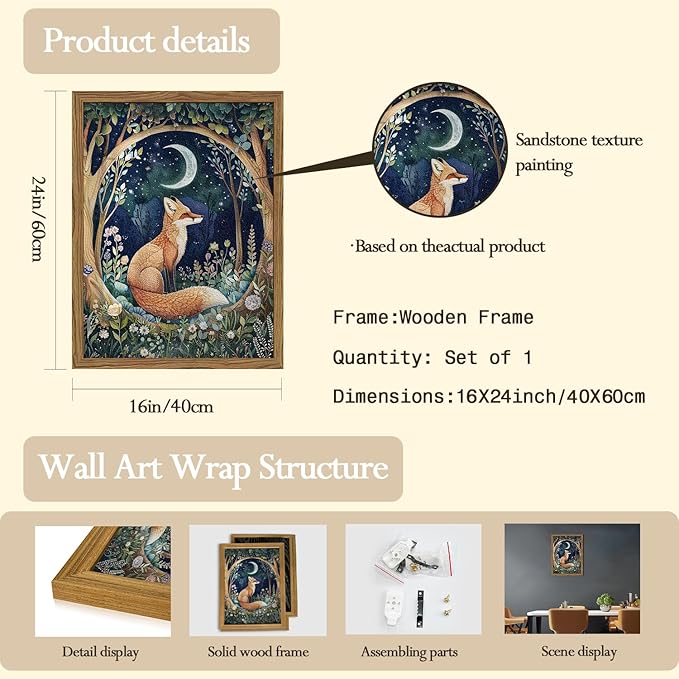 Framed 3D Textured Vintage Wall Art - Cottagecore Hand Drawn Sandstone Fox Paintings Wall Decor, Whimsical Forest Animal Floral Botanical Aesthetic for Bedroom Living Room Nursery 16x24 inch