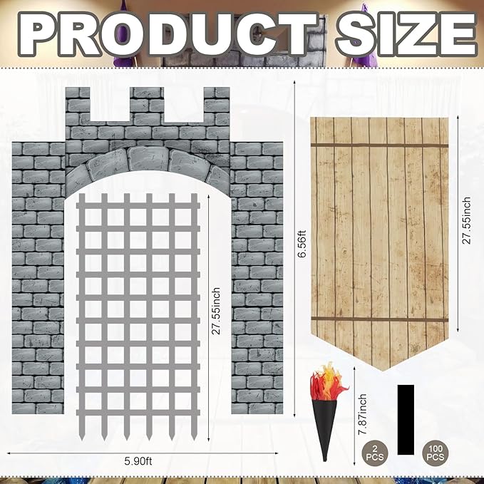 Frienda 105 Pcs Medieval Party Decorations Kit 5.9x6.6 ft Medieval Castle Backdrop Prison Fence Door Cover Fence Rug with 2 Torch Props 100 Paper Chain Brick Stone Fort for Knight Castle Photo Props