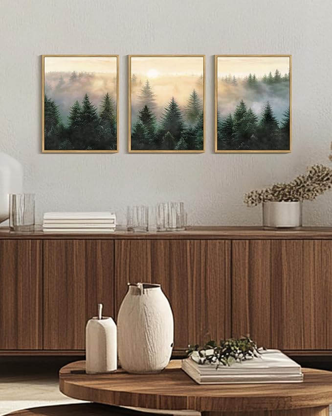 Drsoum Green Fog Pine Tree Landscape Wall Art Framed Nature Misty Nordic Forests Prints Morden Farmhouse Rustic Artwork Hallway Bedroom Ready to Hang 11x14in Natural Framed