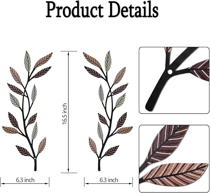 Metal Tree Leaf Wall Decor 2 PCS Rustic Vine Branch Leaf Wall Art for Living Room Bedroom Bathroom Decorations - Vintage Brown