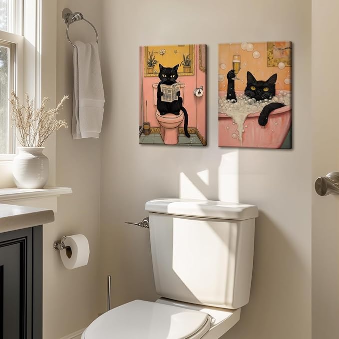Funny Japanese Black Cat Bathroom Wall Art, Cute Japan Cat in Bathtub Wall Decor Paintings Funky Animal on Toilet Reading Newspaper Poster Canvas Prints Artwork 12x16 inch Framed